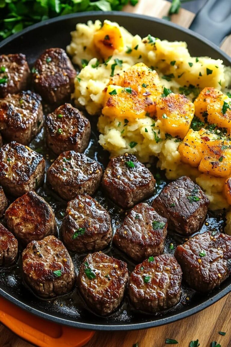 Garlic Steak Bites With Cheesy Potatoes Recipe