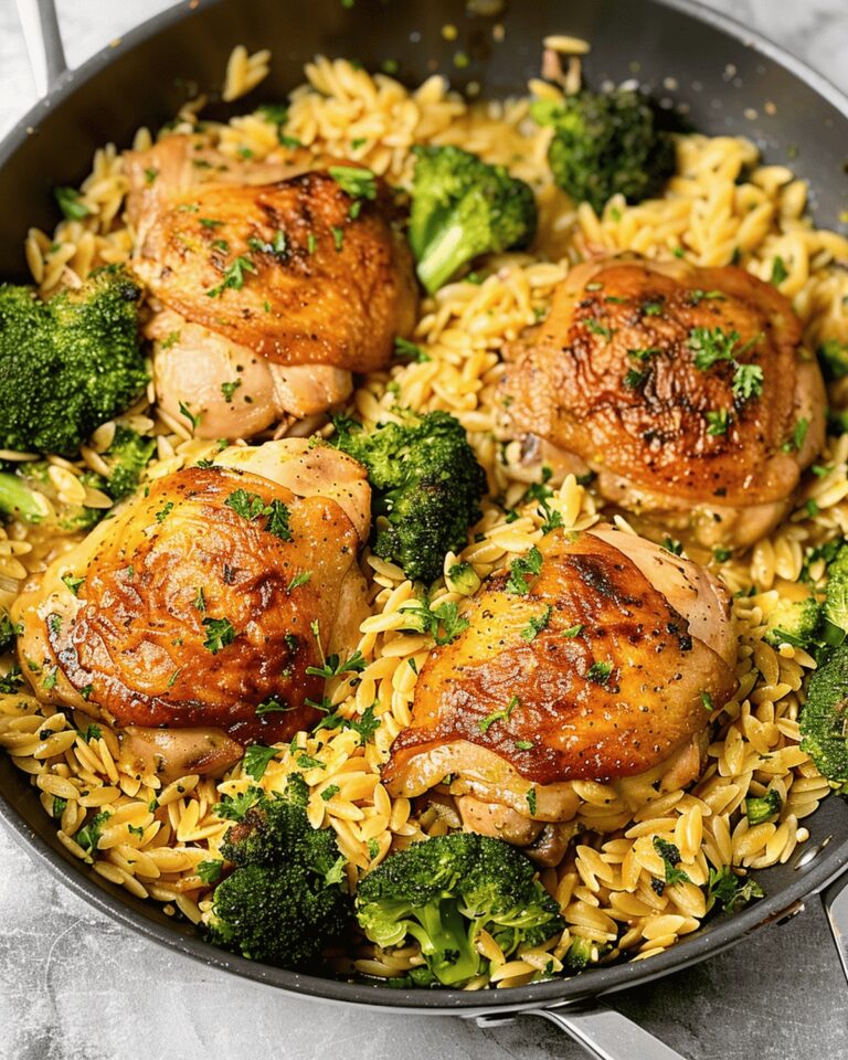 Crispy Skillet Chicken Thighs with Creamy Broccoli Cheddar Orzo Recipe