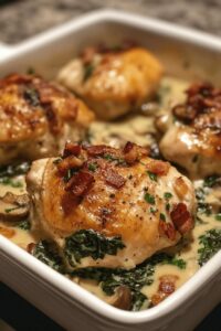 Smothered Chicken With Creamed Spinach, Bacon, & Mushrooms Recipe