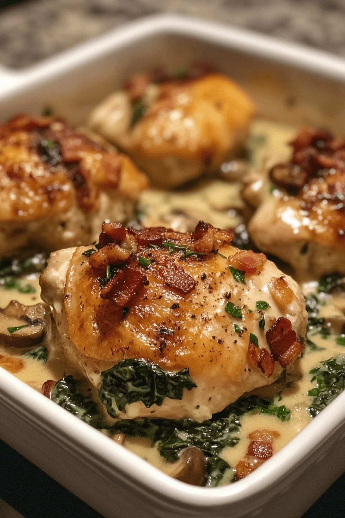 Smothered Chicken With Creamed Spinach, Bacon, & Mushrooms Recipe